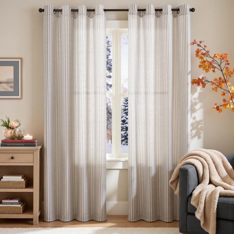 jinchan Linen Curtains for Living Room Taupe Grey on Beige Striped Curtains for Bedroom Ticking Stripe Light Filtering Farmhouse Cottage Core Rustic Grommet Window Treatment 2 Panels 84 inches - Image 2